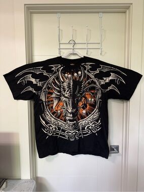 90s Rock Eagle Graphic Dragon Skull T-Shirt - Black with Orange Accents